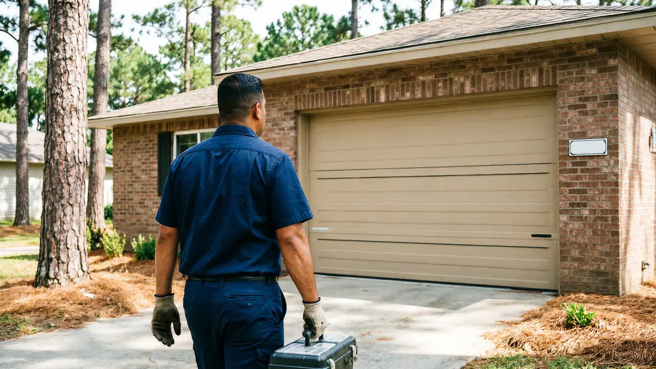A technician walks toward a house with a beige garage door.