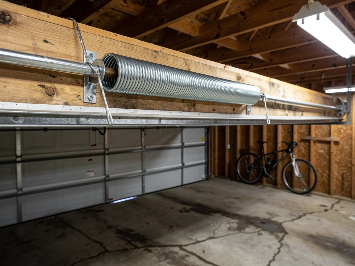 A garage door torsion spring is mounted above a partially open garage door.