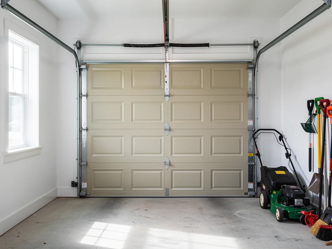 The beige garage door is closed, with a lawnmower and tools to the right.