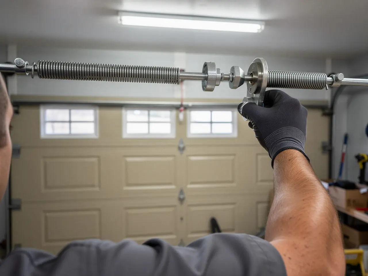 A technician installs a torsion spring on a garage door.